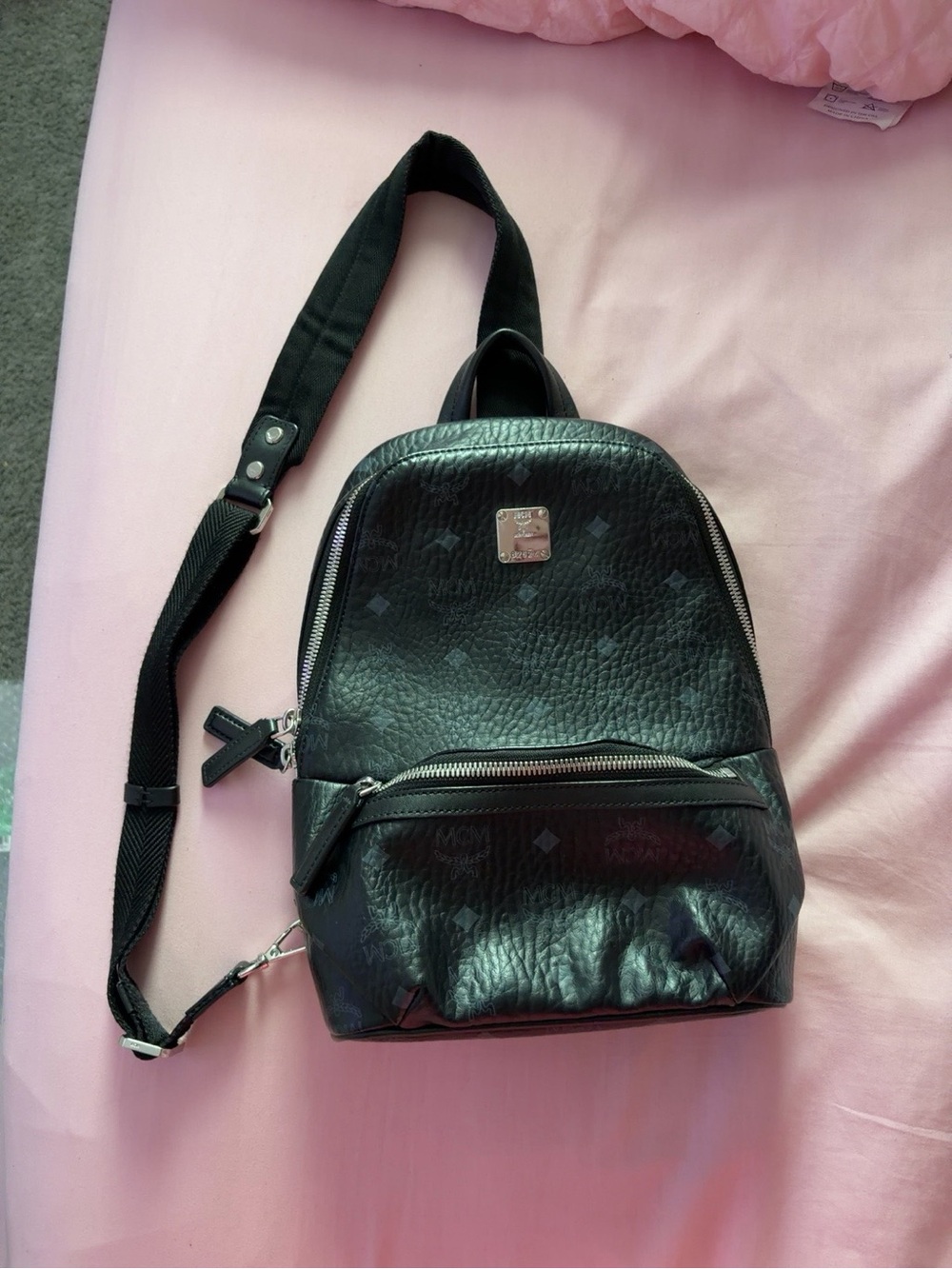 MCM Black Monogram Leather Sling Backpack